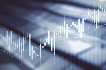 Multi exposure of virtual abstract financial diagram on shiny metal background, banking and accounting concept