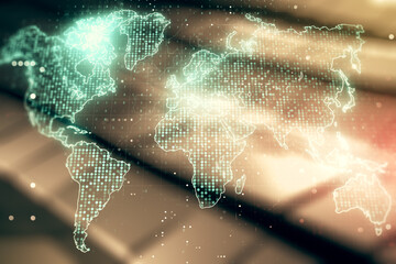 Multi exposure of abstract graphic world map hologram on shiny metal background, connection and...