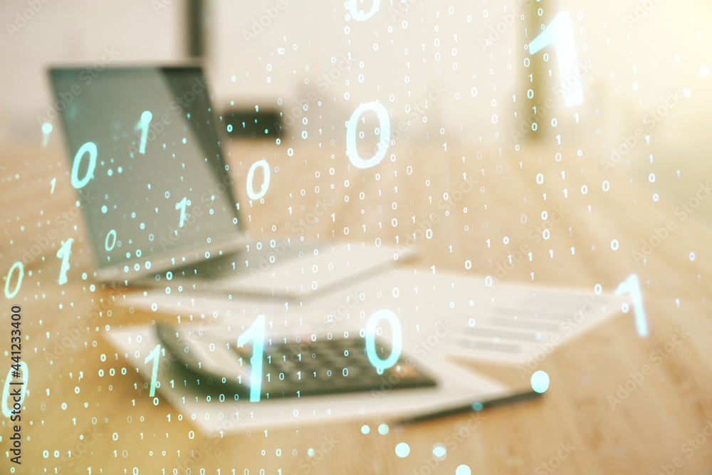 Poster abstract virtual binary code sketch on calculator and pc background, hacking and matrix concept. mul
