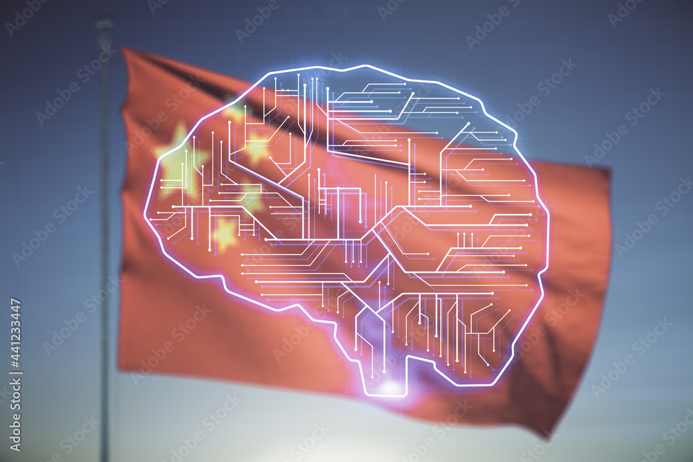 Poster double exposure of creative artificial intelligence interface on chinese flag and blue sky backgroun