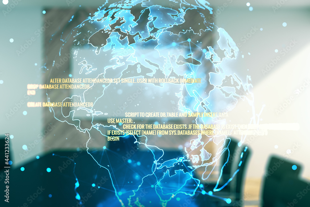 Aufkleber multi exposure of abstract creative coding sketch and world map on a modern conference room backgrou