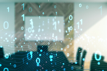 Abstract virtual binary code illustration on a modern conference room background. Big data and coding concept. Multiexposure