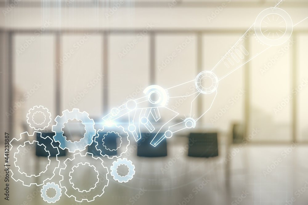 Poster double exposure of abstract virtual robotics technology hologram on a modern meeting room background