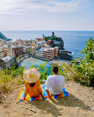 Cinque Terre, Italy, The picturesque coastal village of Vernazza, Cinque Terre, Italy, couple man,...