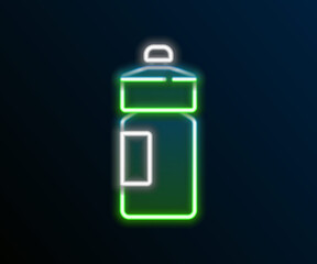 Glowing neon line Fitness shaker icon isolated on black background. Sports shaker bottle with lid for water and protein cocktails. Colorful outline concept. Vector