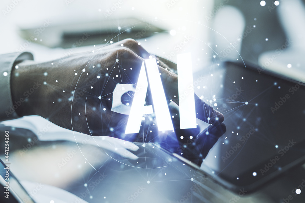 Aufkleber creative artificial intelligence symbol concept with finger clicks on a digital tablet on background