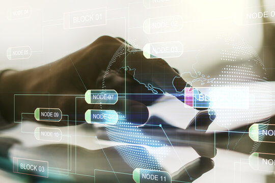 Abstract creative coding concept with world map and finger clicks on a digital tablet on background. Multiexposure
