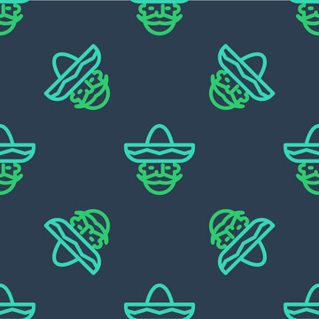 Line Mexican man wearing sombrero icon isolated seamless pattern on blue background. Hispanic man with a mustache. Vector