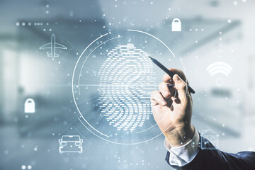 Double exposure of male hand with pen working with virtual creative fingerprint hologram on blurred office background, protection of personal information concept