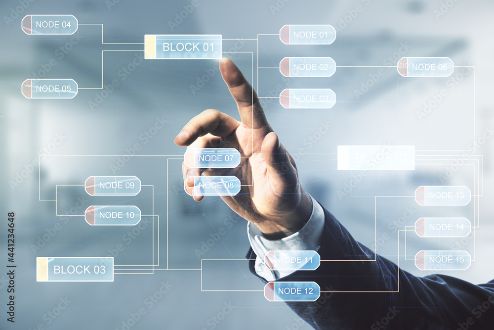 Aufkleber multi exposure of businessman hand clicks on abstract graphic coding sketch on blurred office backgr