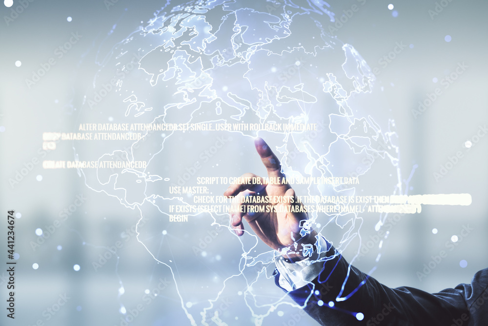 Poster double exposure of man hand working with abstract creative programming illustration and world map on
