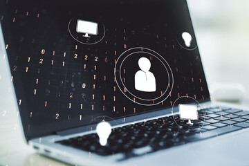 Social network concept with modern laptop on background. Multiexposure