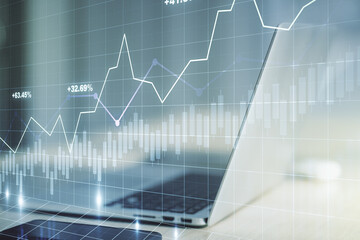 Multi exposure of abstract creative financial graph on modern computer background, forex and investment concept