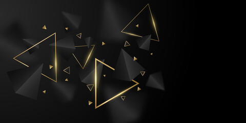 Abstract, geometric background. 3d, black and golden triangles. Elegant wallpaper design for template or brochure. Decorative, polygonal shapes. Vector illustration