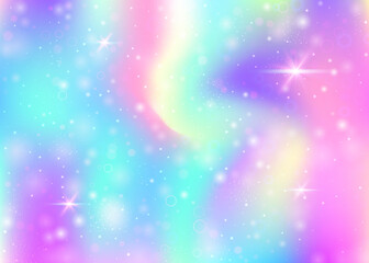 Magic background with rainbow mesh. Girlie universe banner in princess colors. Fantasy gradient backdrop with hologram. Holographic magic background with fairy sparkles, stars and blurs.