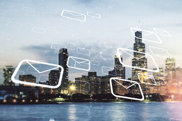 Abstract virtual postal envelopes illustration on Chicago skyline background. Email and...