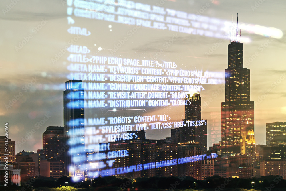 Poster multi exposure of abstract programming language hologram on chicago office buildings background, art