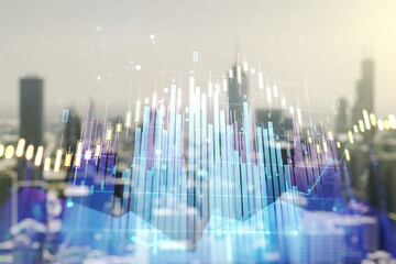 Fototapeta na wymiar Multi exposure of abstract virtual financial graph hologram on blurry skyline background, forex and investment concept