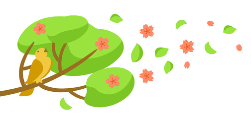 Spring illustration with of bird on tree twig.