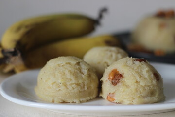Semolina banana pudding. A fluffy Indian pudding made of Semolina, ghee, sugar, bananas and garnished with cashews. Locally known as banana sheera.