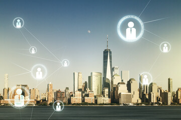 Abstract virtual social network concept on New York city skyline background. Multiexposure