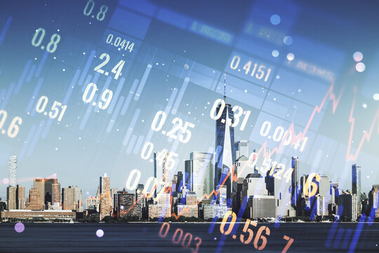 Abstract virtual financial graph hologram on New York cityscape background, financial and trading concept. Multiexposure