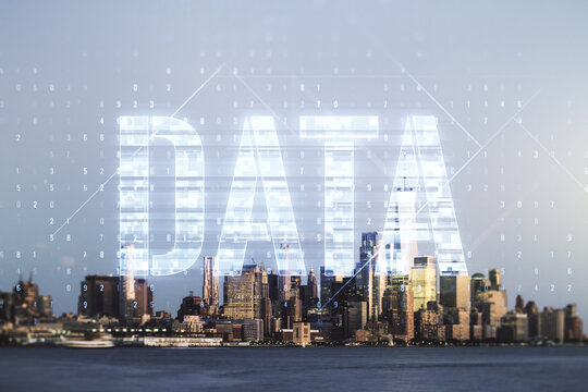 Virtual Data word sign hologram on New York city skyline background. Multiexposure