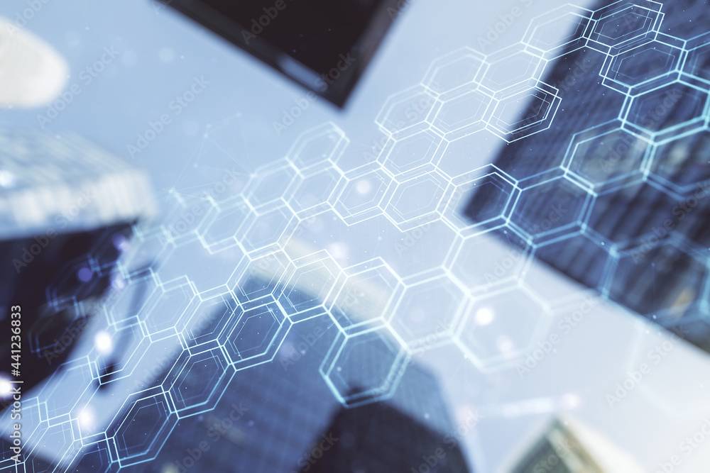 Poster abstract virtual wireless technology hologram with hexagon on modern architecture background, artifi