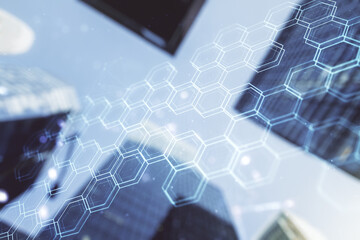 Abstract virtual wireless technology hologram with hexagon on modern architecture background, artificial intelligence and machine learning concept. Multi exposure
