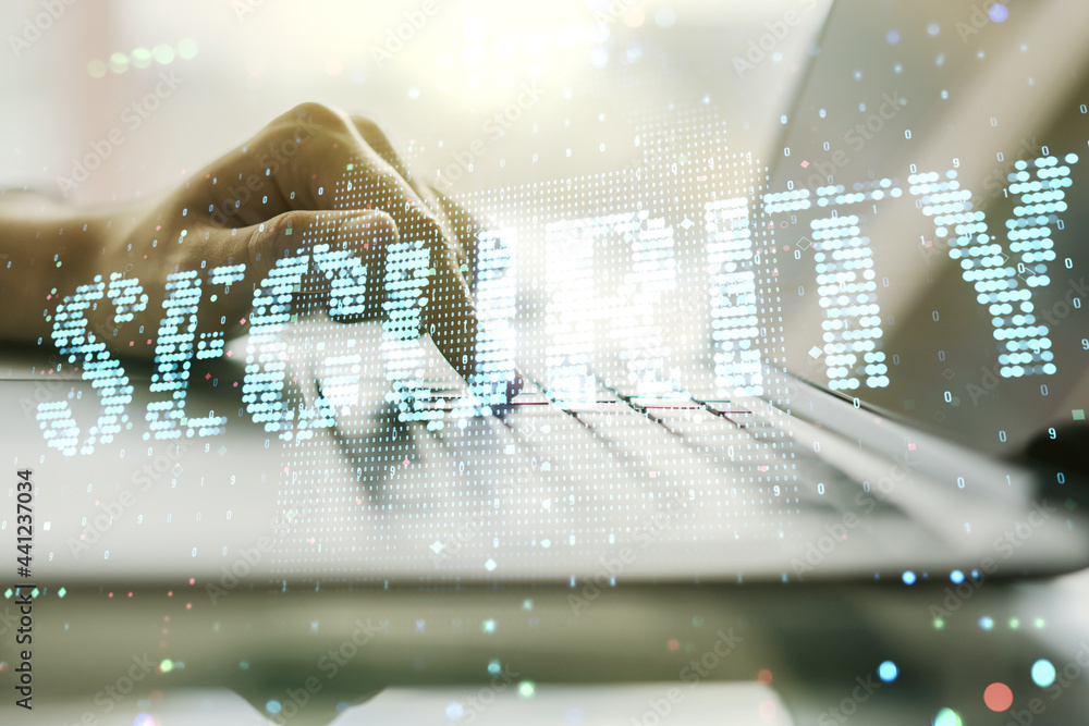 Poster Cyber security creative concept with hands typing on computer keyboard on background. Double exposure