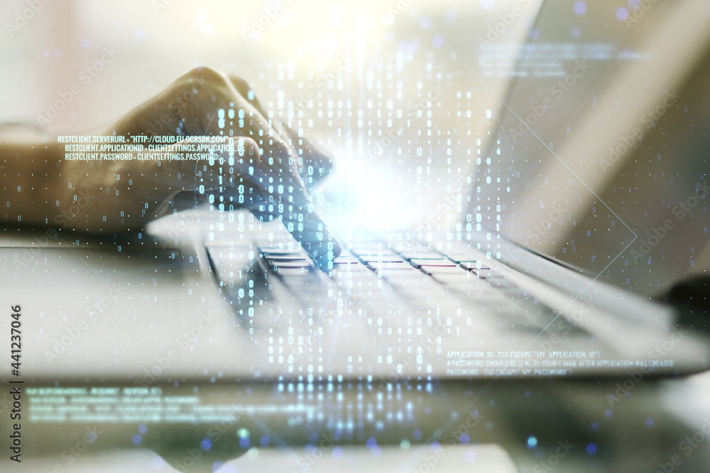 Poster double exposure of creative code skull hologram and hands typing on laptop on background. malware an
