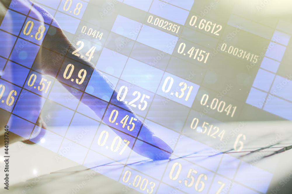 Poster double exposure of abstract creative statistics data hologram with hands typing on laptop on backgro