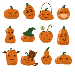 Set of Halloween pumpkins on white background Flat isolated illustration