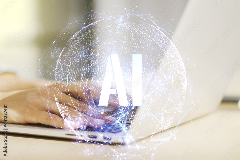 Poster creative artificial intelligence symbol concept with hands typing on computer keyboard on background