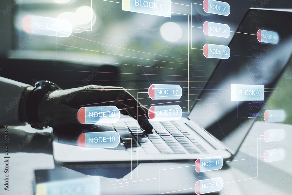 Poster double exposure of abstract programming language hologram with hands typing on laptop on background,