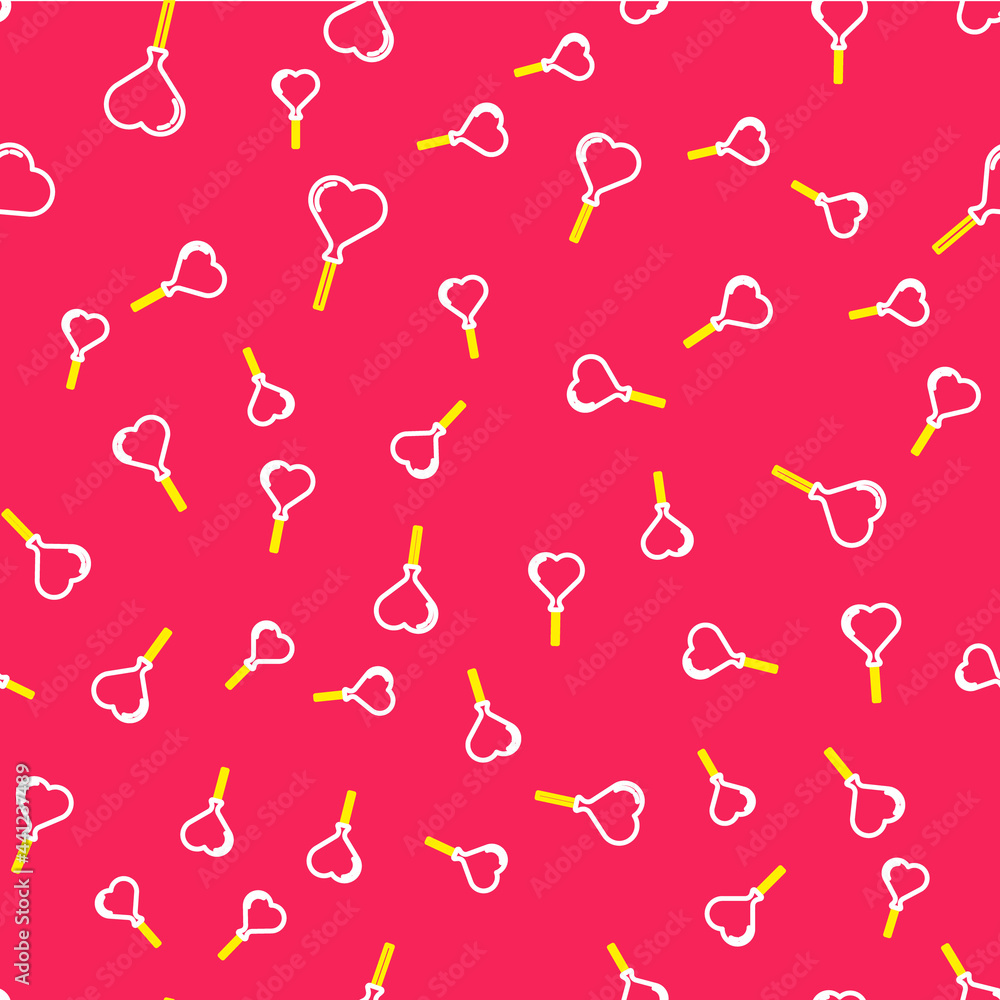 Poster Line Balloons in form of heart with ribbon icon isolated seamless pattern on red background. Vector