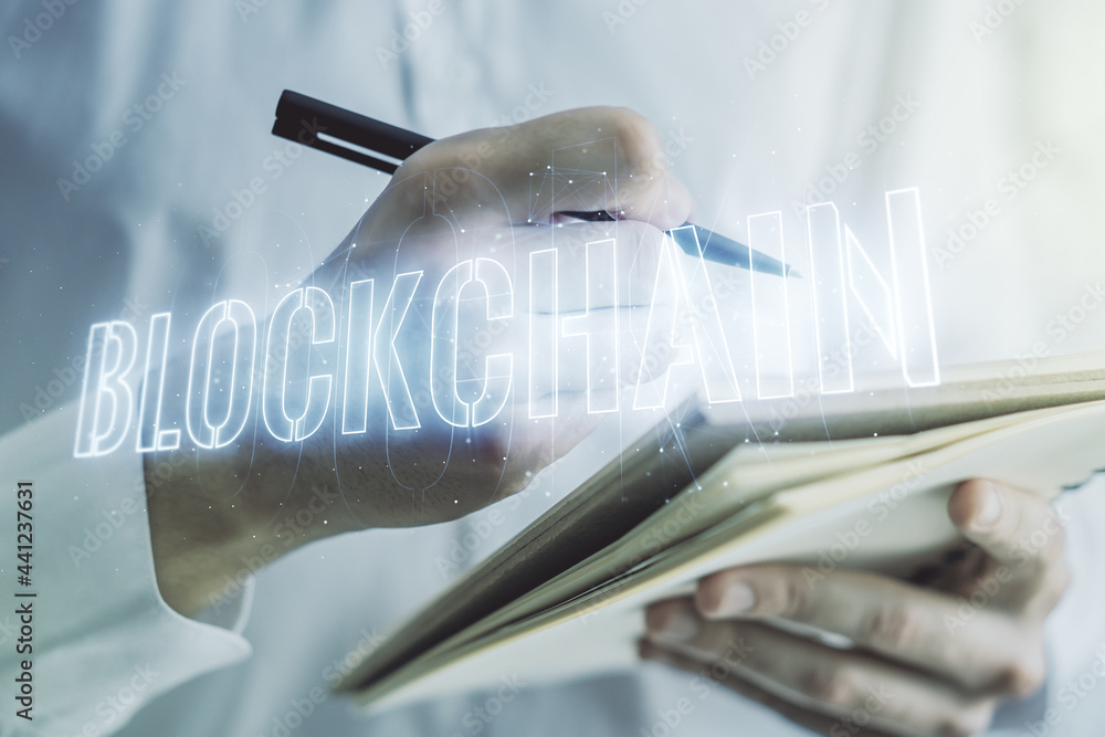 Poster creative abstract blockchain technology hologram and man hand writing in diary on background, crypto