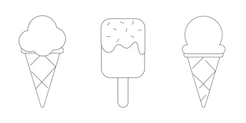 Ice cream linear icons. Popsicle, waffle cone, scoop of ice cream. Vector illustration