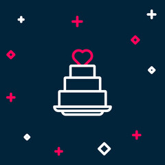 Line Wedding cake with heart icon isolated on blue background. Colorful outline concept. Vector