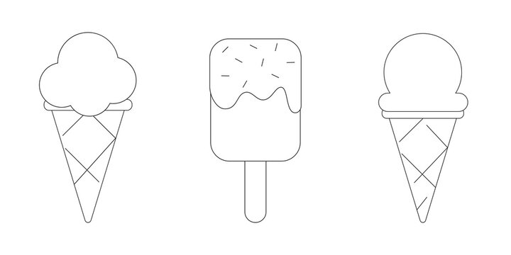 Ice cream linear icons. Popsicle, waffle cone, scoop of ice cream. Vector illustration