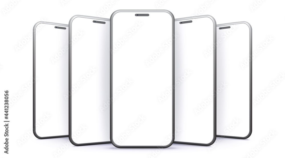 Wall mural mobile phone vector mockups with perspective views. blank smartphone screens isolated on white backg