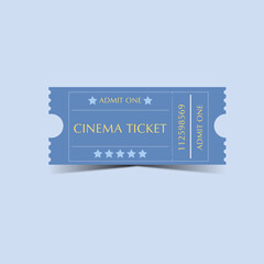 ticket card in blue. Retro movie cinema ticket banners with vintage camera popcorn isolated vector illustration.