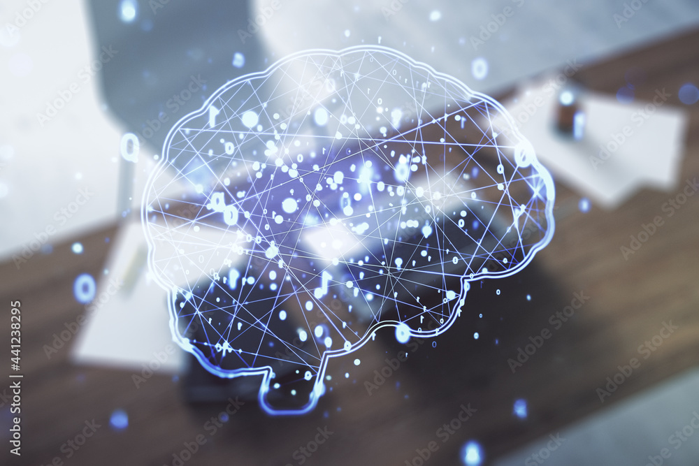 Poster creative artificial intelligence concept with human brain hologram and modern desktop with computer 