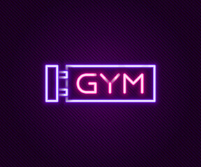 Glowing neon line Location gym icon isolated on black background. Colorful outline concept. Vector