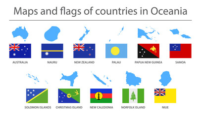 Fototapeta premium Oceania. Country border maps and flags. Vector illustration