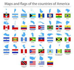 North and South America. Country border maps and flags. Vector illustration