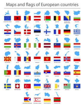 Europe. Country border maps and flags. Vector illustration