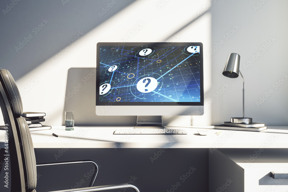 Aufkleber creative concept of question mark illustration on modern laptop screen. faq and search concept. 3d r