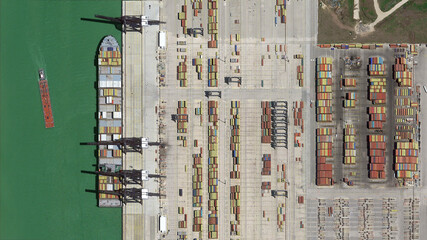 trade, ships and containers port of Houston, looking down aerial view from above, bird’s eye...