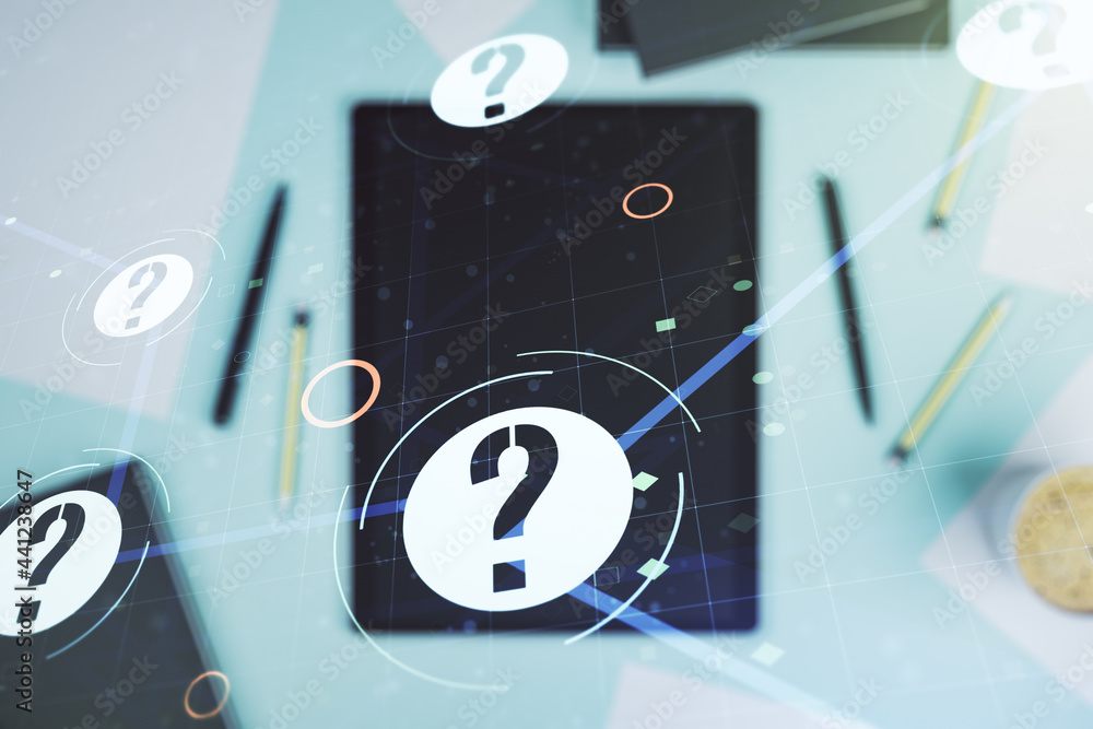 Aufkleber creative abstract question mark hologram and modern digital tablet on desktop on background, top vie